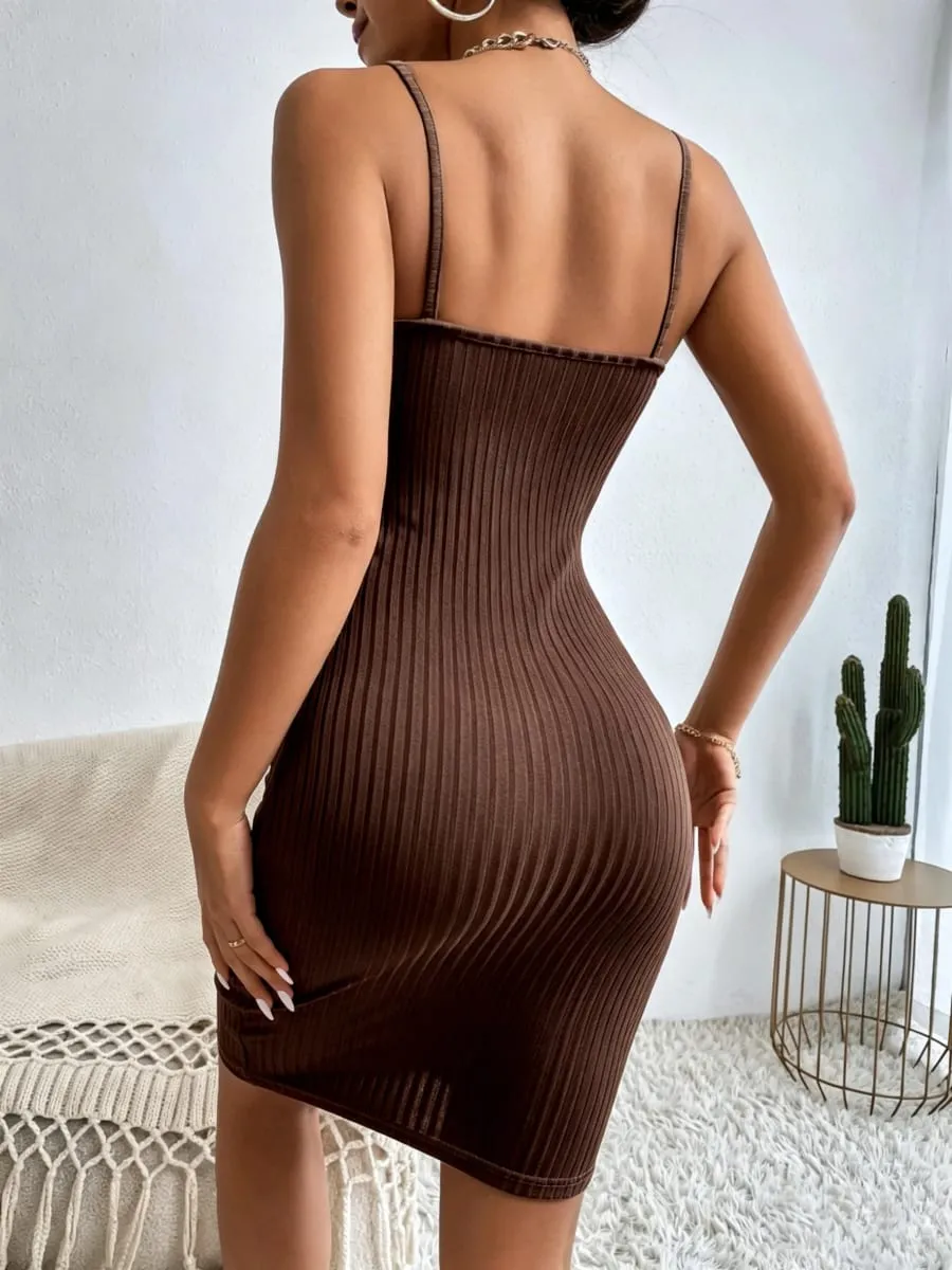 Women Vertical Ribbed Cami Midi Bodycon Dress Square Neck Thin Spaghetti Strap Slim Fitting Pencil Club Party Dress