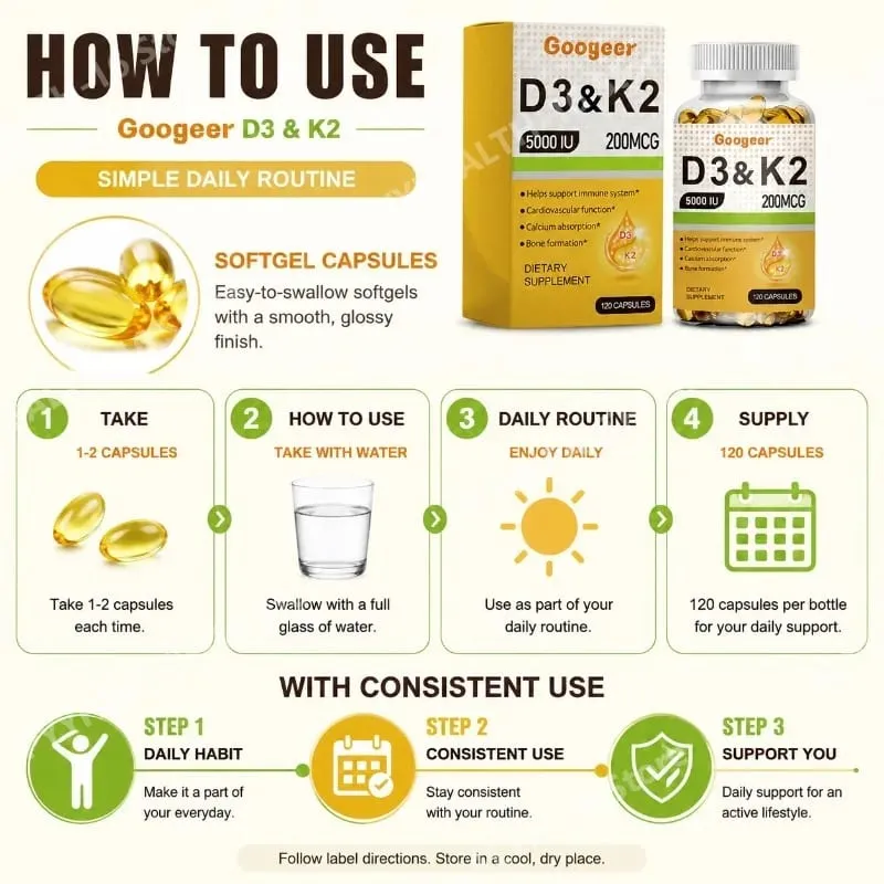 Googeer Vitamin D3 & K2 Capsules with Immune System Support and Bone Formation Support for Calcium Absorption 120 Capsules