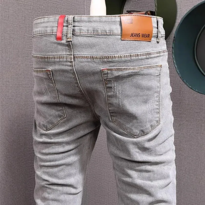 Fashion Designer Men Jeans Retro Gray Stretch Slim Ripped Jeans Panlalaking Elastic Pantalon Vintage Casual Denim Pencil Pantalon Hombre — image 5