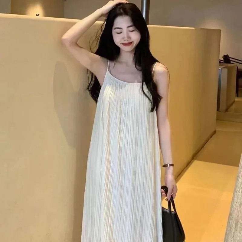 Sweet Summer Plus Size Dress Women Loose Ruffled Sleeveless Long Dress Lazy Style Solid Color High End