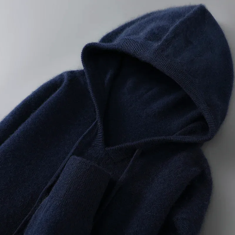 DjzDsm Autumn Winter Men's Sweater 100% Merino Wool Thick Hooded Pullover Soft Knitwear Casual Comfort Wool Clothing Tops