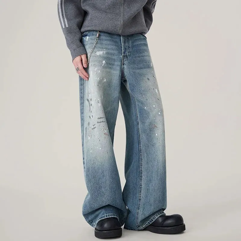 Autumn Korean Splashed Ink Jeans Men'S Straight Leg Pants Fashionable High Street Retro Loose Wide Leg Pants Design Pants