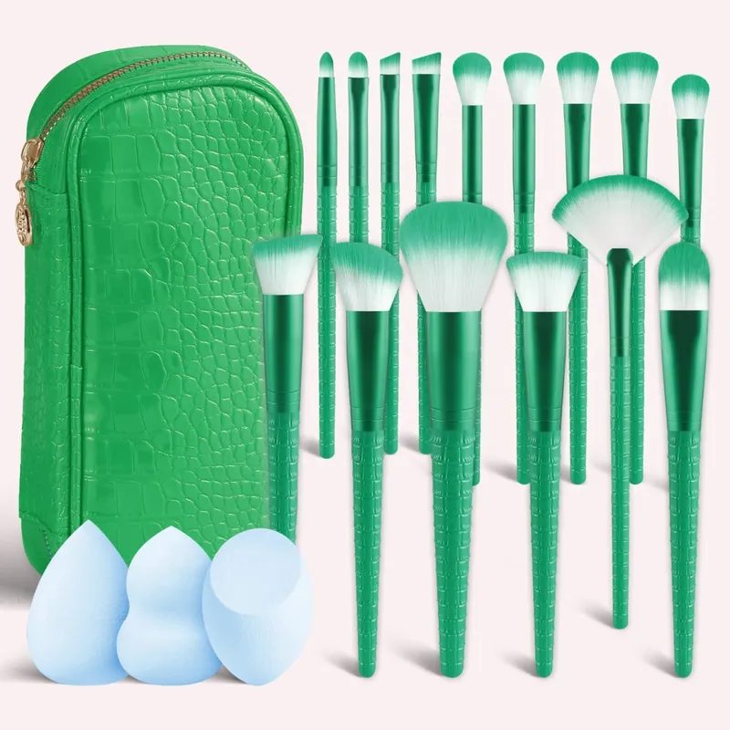 15Pcs Complete Makeup Brush Kit with Bag & 2 Beauty Sponges Face Eye Brushes for Beginners & Artists
