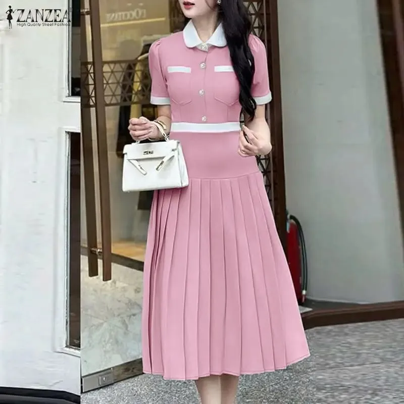 2026 ZANZEA Summer Elegant Lapel Neck Short Sleeve Sundress Women Stylish A Line Pleated Dresses Patchwork Work Midi Dress Robe