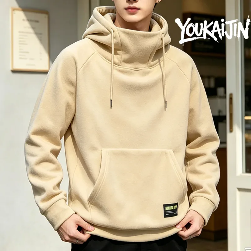 Men's Polar Fleece Sweatshirt Solid Color Street Style Autumn Winter Hood Sports Windproof Oversized High Collar Hoodie 5XL