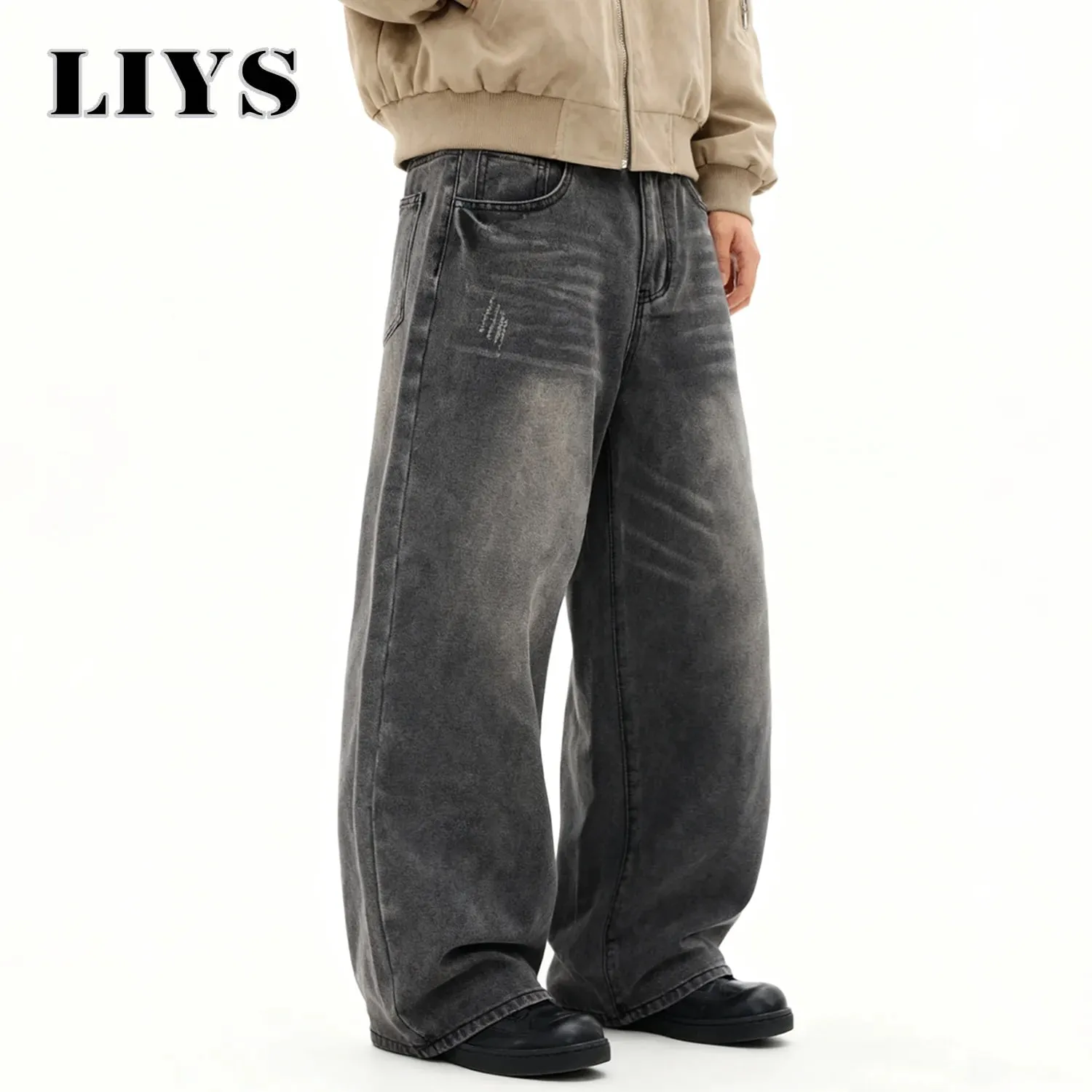 Men's American Retro Gray Baggy Wide Leg Jeans Daily Business Casual Loose Straight Leg Denim Pants Four Seasons Men's Clothes