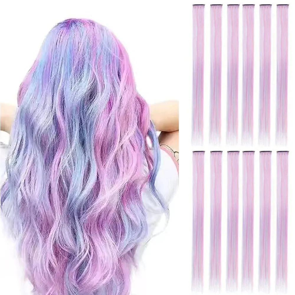 Klip dalam Sambungan Rambut One Piece 6pcs/pek Warna Unicorn Pelangi Merah Jambu Biru Ungu Klip Warna Campuran dalam Aksesori Rambut Sintetik — image 9