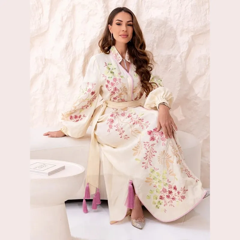 Robe longue rétro à imprimé Floral pour femmes, avec ceinture à pampilles, col montant, manches longues, Kaftan musulman, Robes de printemps, nouvelle collection 2026