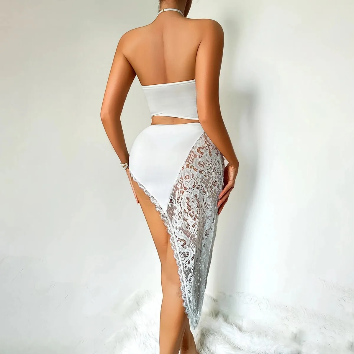 2026 French Queen's Temperament Patchwork Lace Irregular Skirt Hanging Neck Suspender Sexy Shapewear Three Piece Set