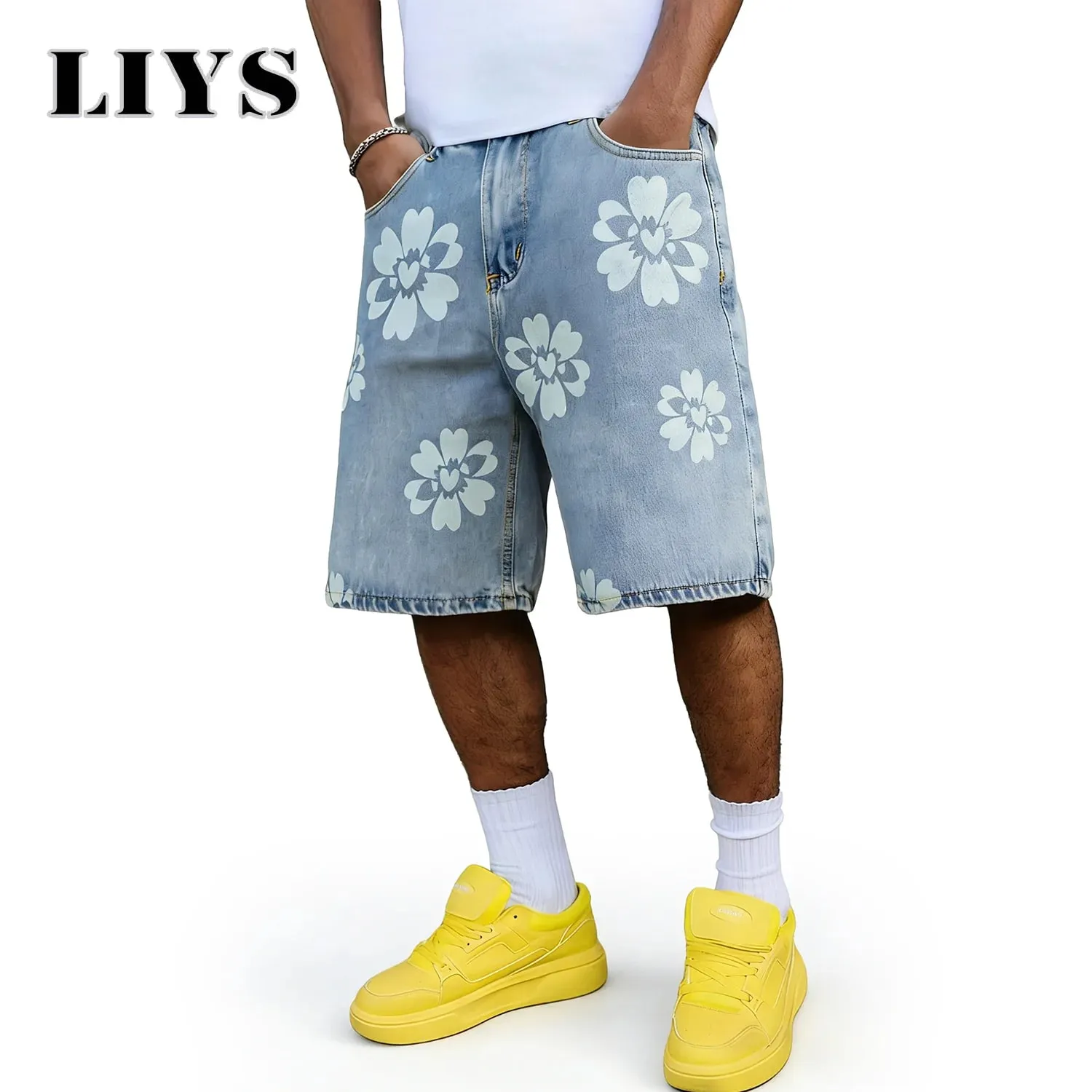 Fresh Delicate Style Flower Print Fashionable Wide Leg Men's Jeans Y2K Casual Elegant Bermuda Denim Shorts Couple Pants