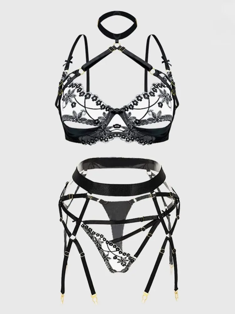 Fashion Print Embroidery Porno Underwear Sets Spliced Backless Lingerie Sexuality Sheer Vintage Lace 3 Pieces Suit
