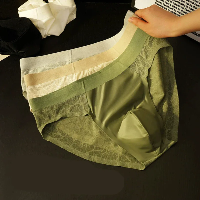 Men Triangle Underwear Ice Silk Thin Breathable Panties Quick Drying Briefs Male Sexy U Bulge Pouch Underpant Lace Leopard Print