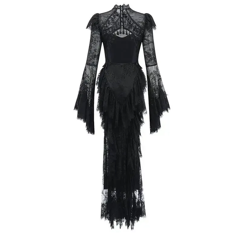 Summer Stand Collar Lace Tassel Hollow Out Flare Sleeve Dress Women Boned Waist Tiered Mermaid Dresses New 3A2709