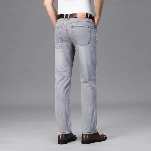 2026 Summer Brand Business Casual Men's Straight Denim Softener Lightweight Jeans Classic Embroidered Cotton Stretch Thin Pants