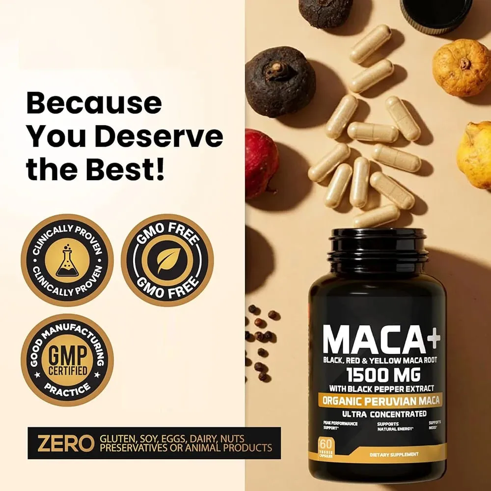 1500mg Organic Maca Root Black Red & Yellow - 60 Capsules - Black Maca Root Capsules for Men Supplement - Non-GMO Gluten-Free