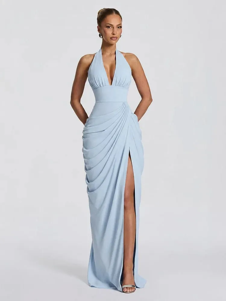 Sexy Solid Pleated Halter Women's Dress Fashion Sleeveless Backless Waist-cinching Split Maxi Dresses 2026 Summer Party Gowns