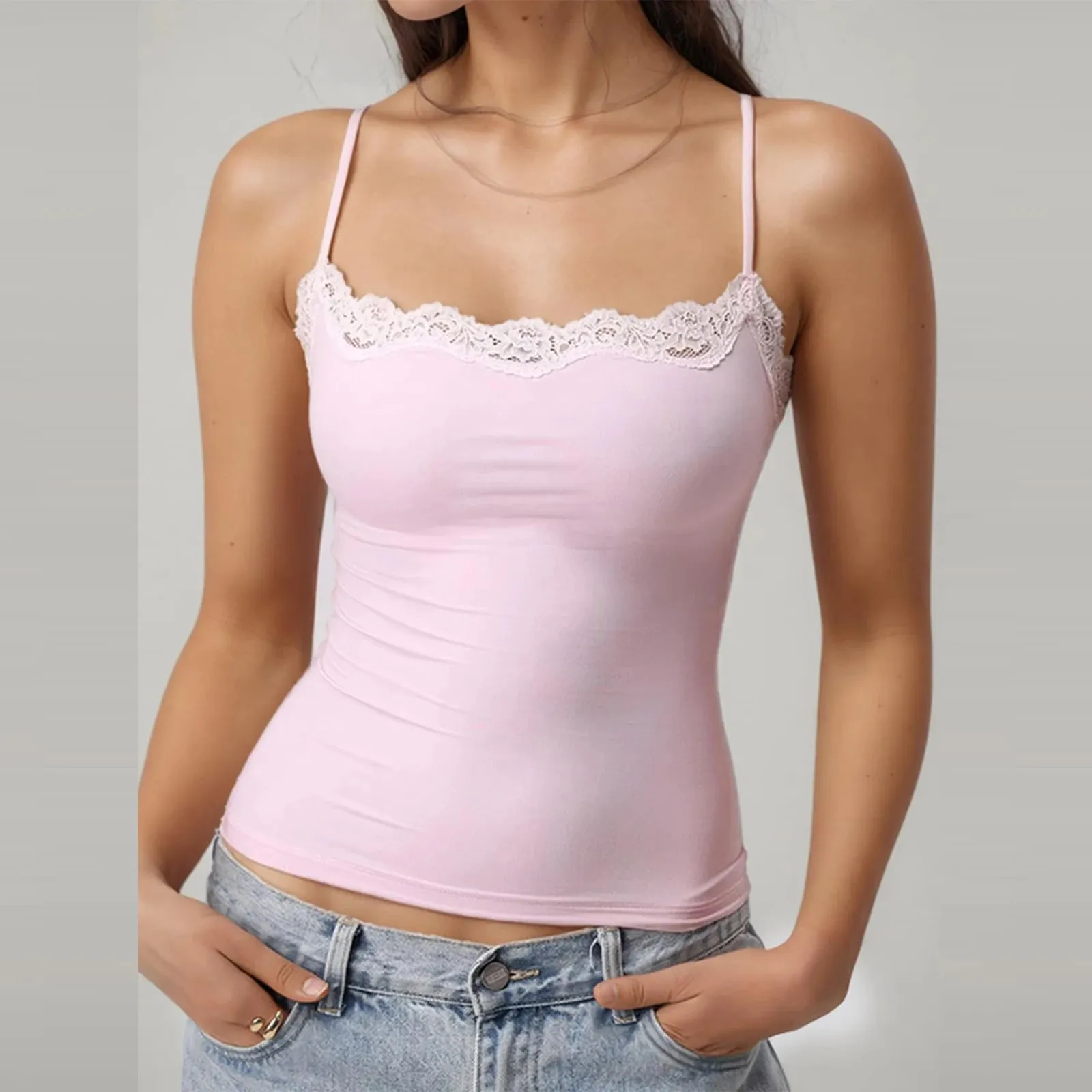 Sexy Lace Style Aesthetic Sweet Tank Tops Women Sleeveless Casual Solid Color Tanks Harajuku All Match Cropped Thin Fashion Cami