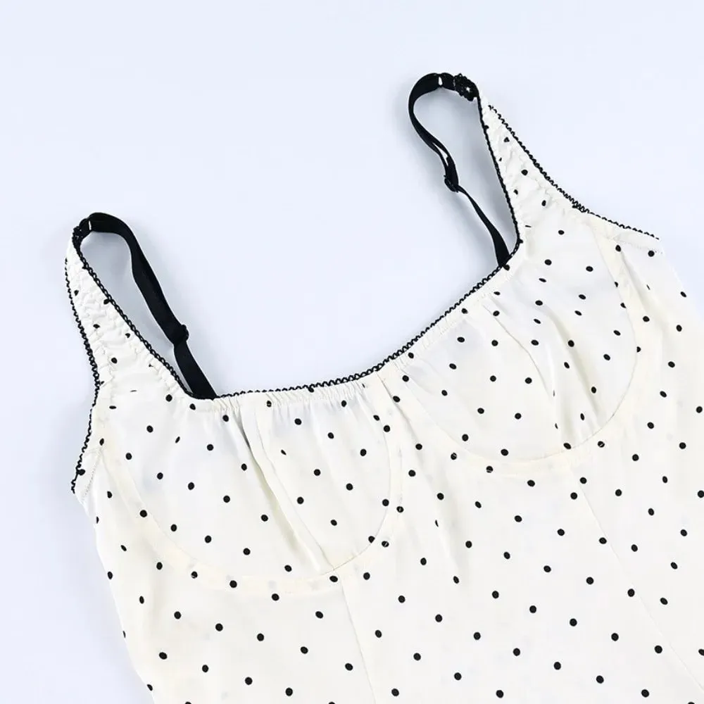 Sexy Spaghetti Strap Polka Dot Tank Top Square Neck Slim Cropped Sleeveless Silk Vest Off-shoulder Lace Camis Female