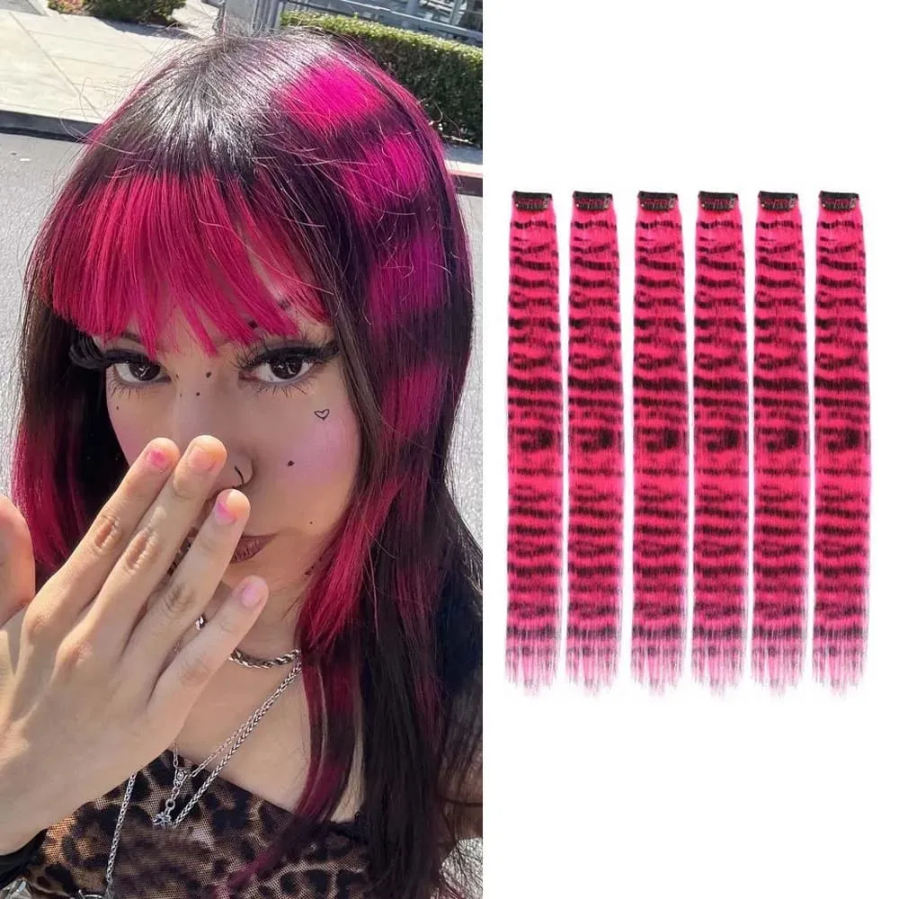 6pcs/set Stripe Printed Hair Colorful Long Straight Hair Piece Synthetic Clip-in Hair Extensions Daily Party Halloween Christmas — image 7