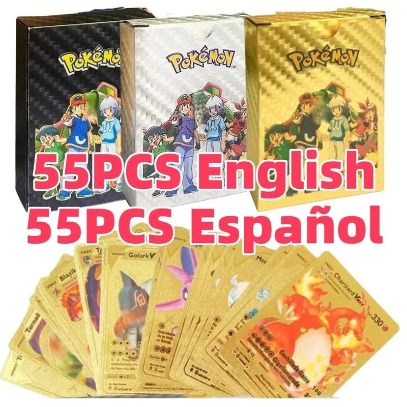 55PCSPokemon oil Cards Golden Letters English / Spanish Game Card Metalicas Charizard Vmax Gx Series Gift Gold/Silver/Black F — image 1