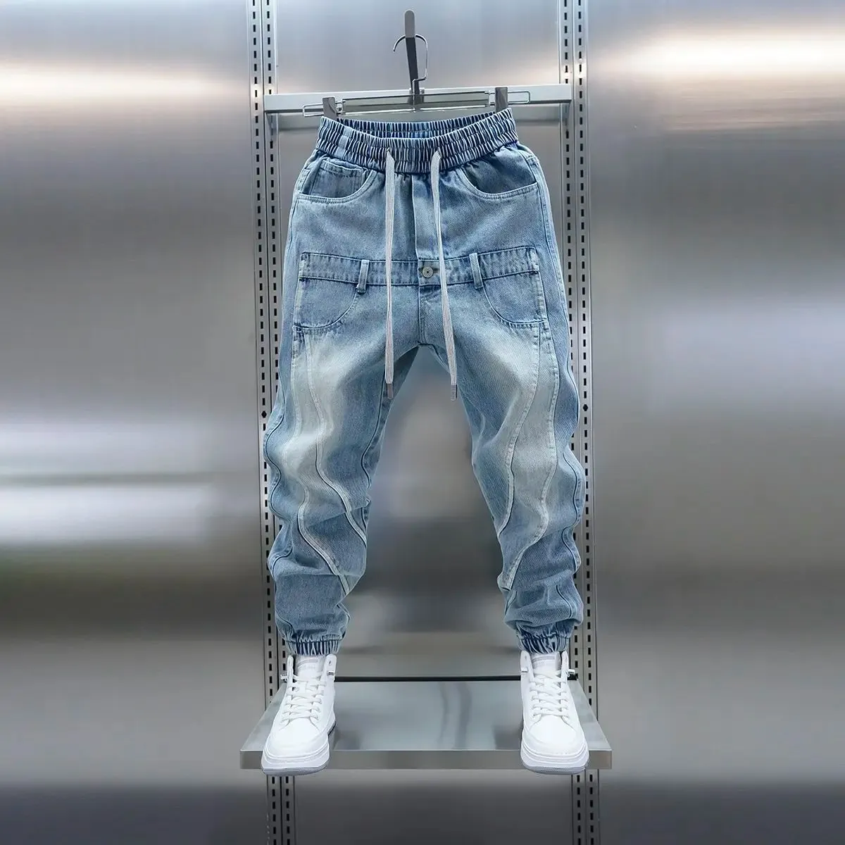 2026 Light Blue Gradient Harem Jeans Outdoor Casual Loose Fit Long Trousers Brand Men's Clothing