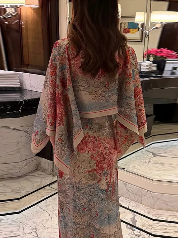 Vrouwen Tropische Bladprint Cape Tweedelige Set Batwing Losse Top Hoge Taille Maxi Jurk 2026 Zomer Mode Vakantie Casual Pak