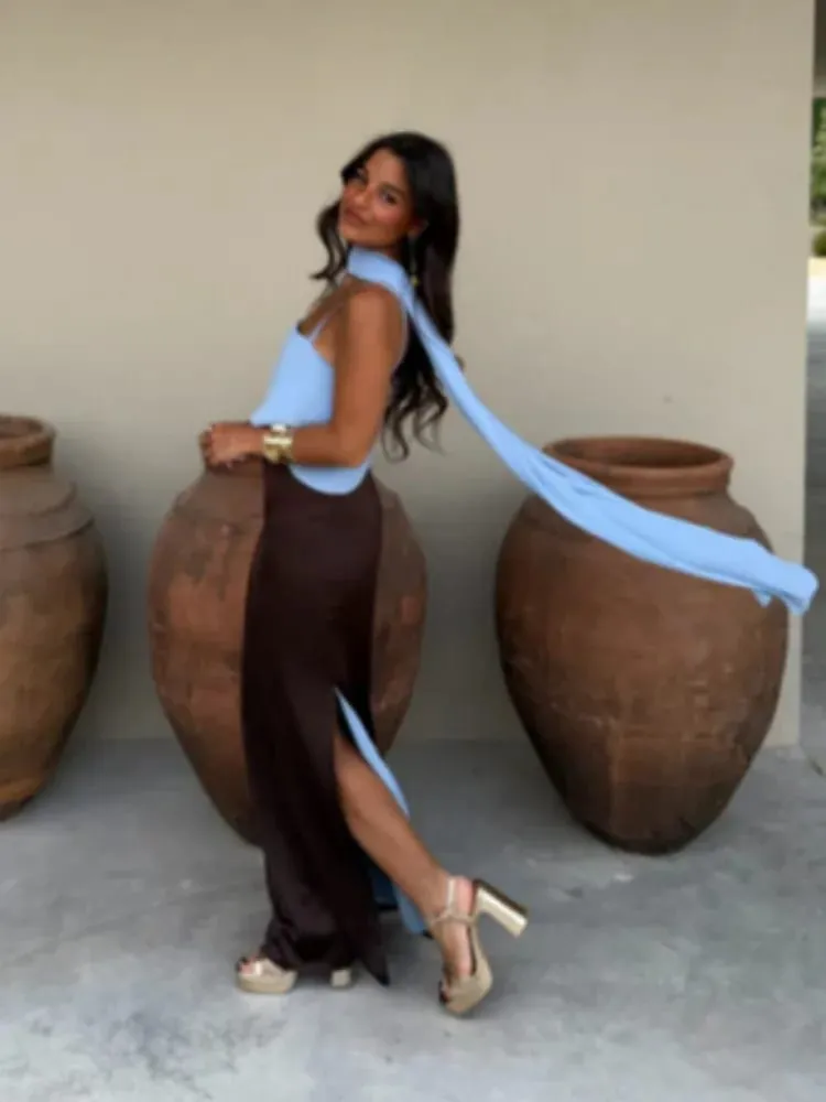 Fashion Contrasting Sling Dress Women Square Neck Sleeveless High Waist Slim Maxi Dress With Scarf 2026 Summer Lady Party Robe