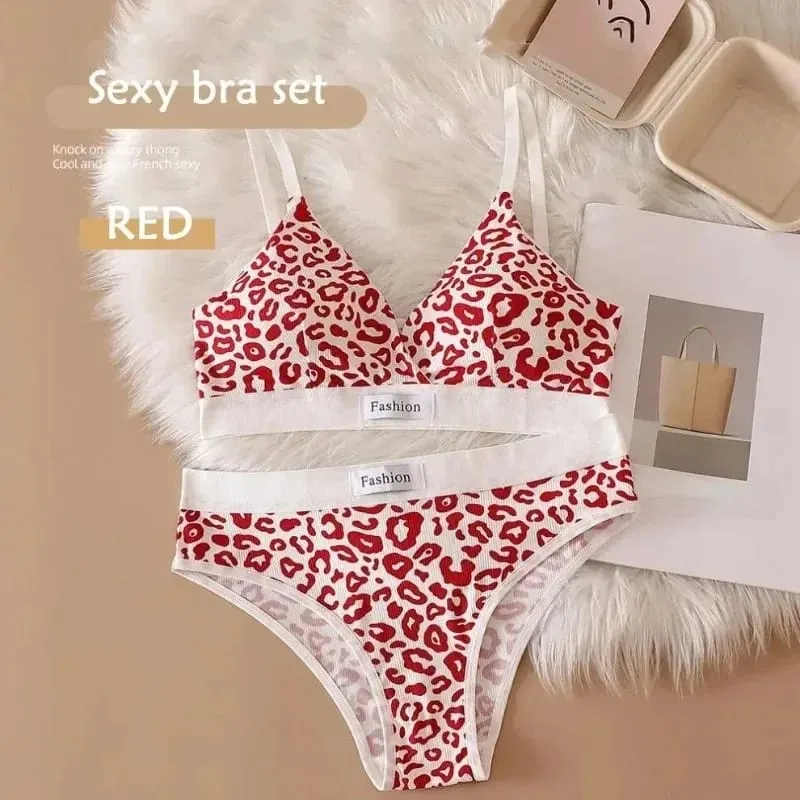Women Seamless Bra Set Sexy Lingerie Low Waist Panties Leopard Bralette Set Vneck Sport Brassiere Female Cotton Underwear Set