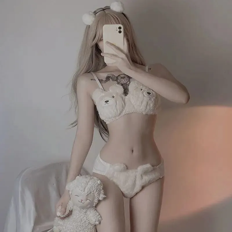 Cute Bra Sets Women's Intimates Plush No Steel Ring Push Up Bra & Brief Sets Sweet Bear Lolita Winter Velvet Student Underwear