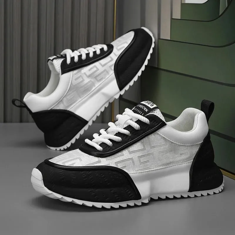 All Black Chunky Dad Sneakers Breathable Mesh And Leather Blend Platform Shoes Non Slip Casual Athletic Shoes For Streetwear