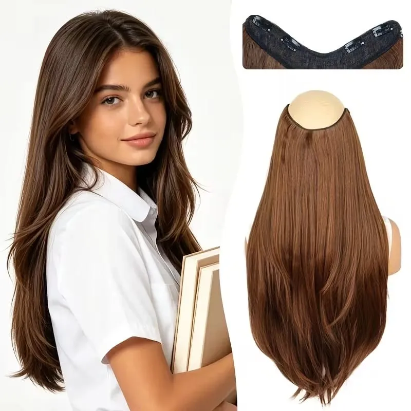22Inch Synthetic V-Shaped Long Layered Straight Hair Extensions Invisible Increase Volume Fashion Lazy Hairstyle for Women