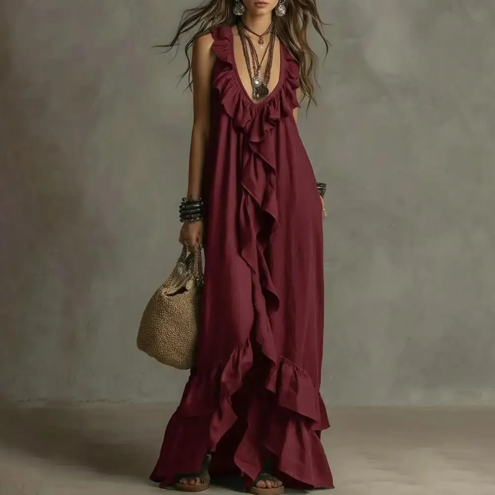 Boho Deep V Neck Sleeveless Dress Women Ruffle Swing Maxi Dress Summer Loose Solid Color Long Dresses