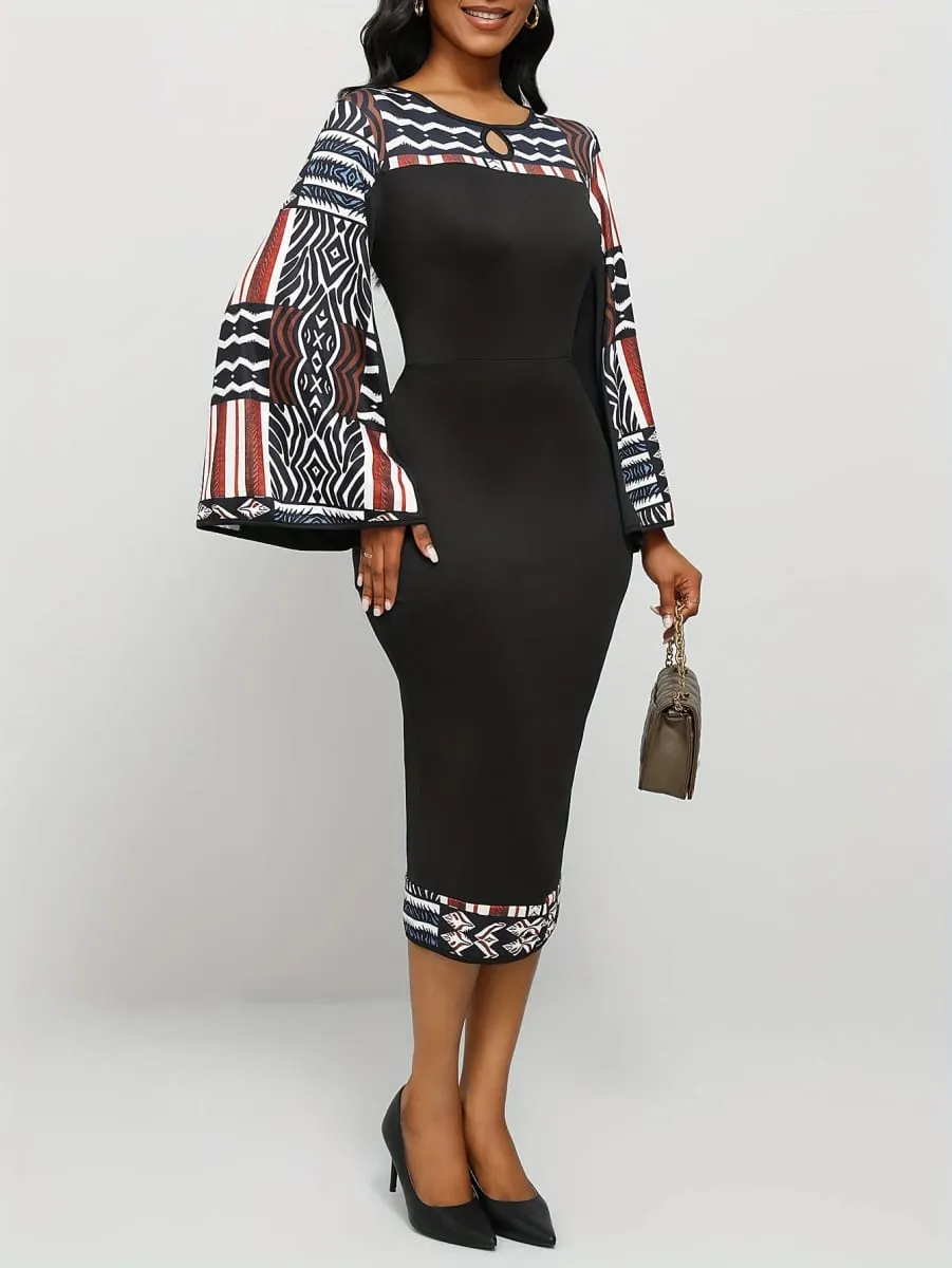 Women's Geometric Pattern Dress Bohemian Bell Sleeve Long Sleeve Asymmetrical Slit Maxi Dress