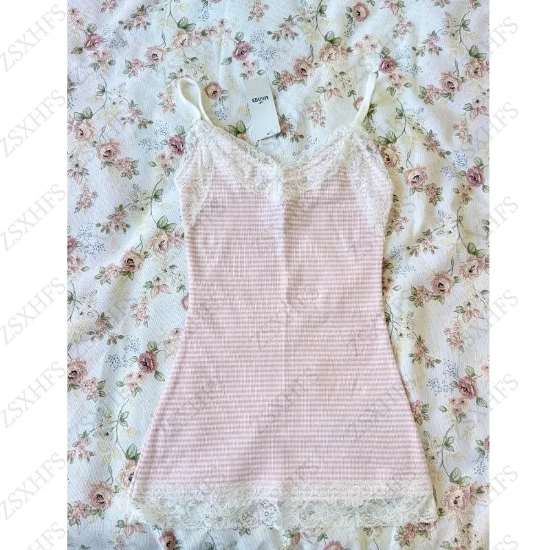 Trendy Pink Lace Sexy T shirts Women Camis Hot Girl Lace Stripe Slim Sling Crop Top Corset Coquettish Grunge High Street Tanks