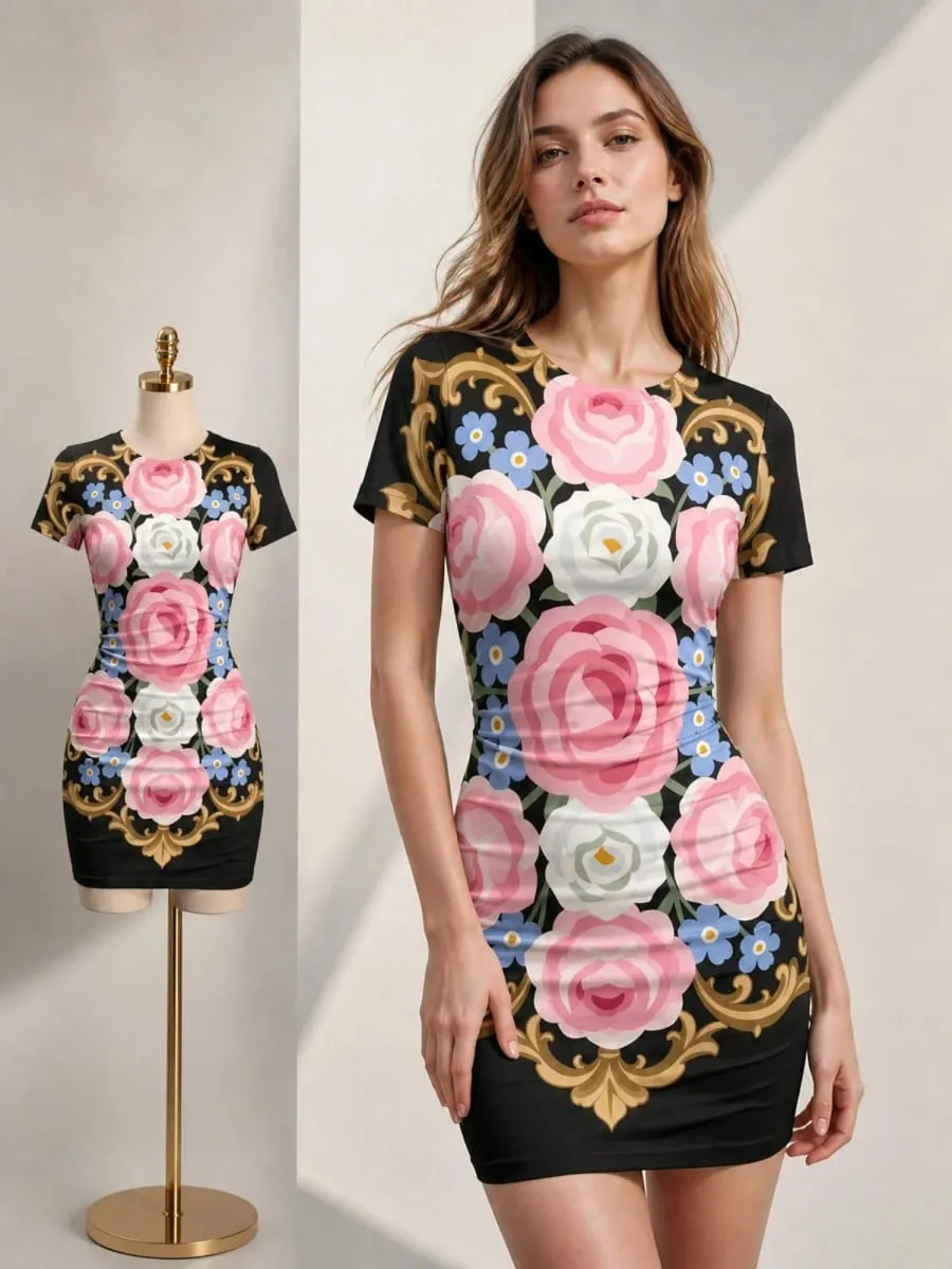 Γυναικείο κοντό μανίκι Μίνι φόρεμα Bodycon Slim Fit Crew Neck Floral print Casual καλοκαιρινό πάρτι Χαριτωμένο κομψό, απαλό Sundress για διακοπές