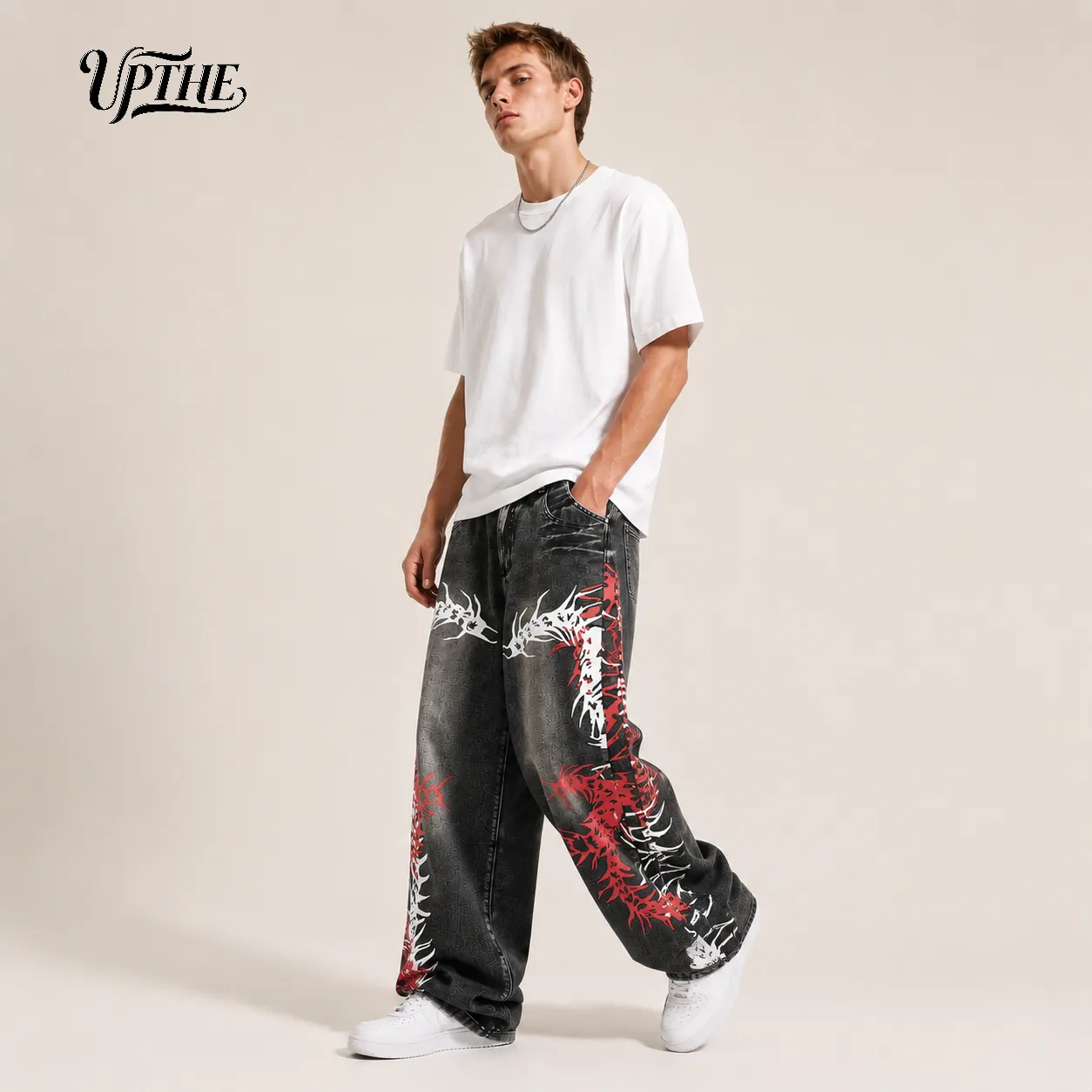 UP.THE Men Baggy Wide Leg Jeans Vintage Washed Black Gray Denim Pants Y2K Oversized Loose Centipede Skeleton Print Streetwear Jeans for Daily Casual Hip Hop Outfits