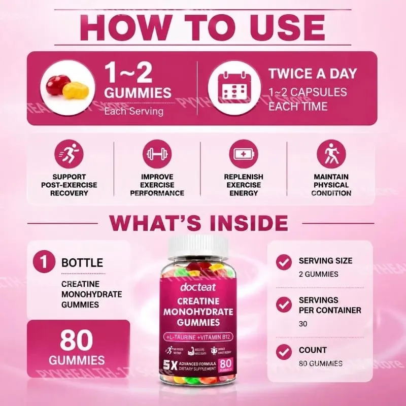 Creatine Monohydrate Gummies with L-Taurine and Vitamin B12 for Supports Training Performance and Daily Energy 80 Gummies