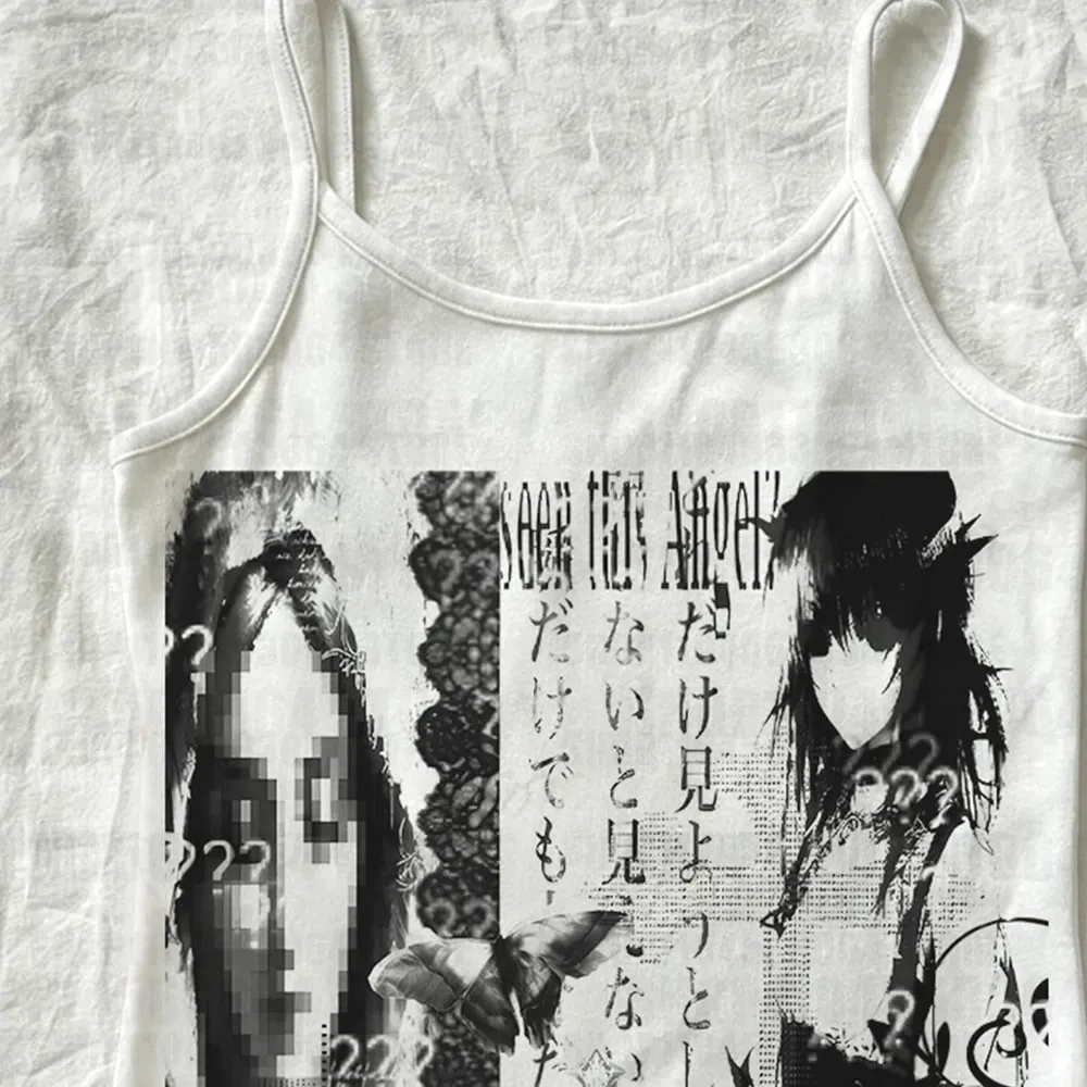 Women's tight vest baby T-shirt 2000s top Gothic Camisole top Emo girls' printed crop top Y2k style retro punk