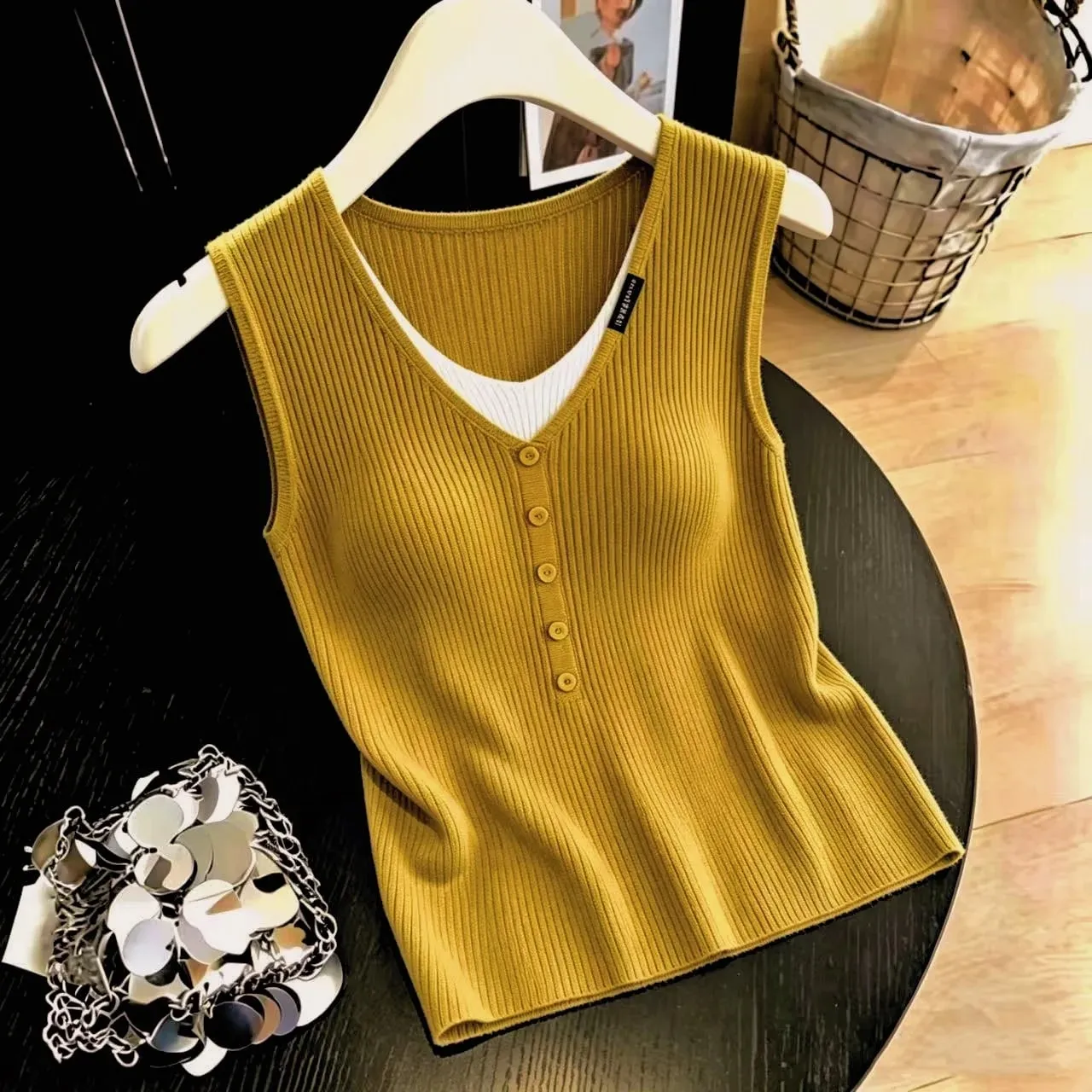 zjaiss Color Block Versatile V Neck Camis 2026 Summer Ice Silk Women Camisole Thin Layer Outer Wear Fake Two Piece Knit Tank Top