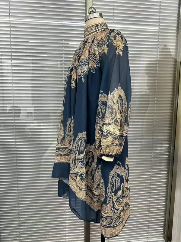 New European-style High-neck Printed Chiffon Dress with Loose Casual Vacation-themed Shawl Sleeves.