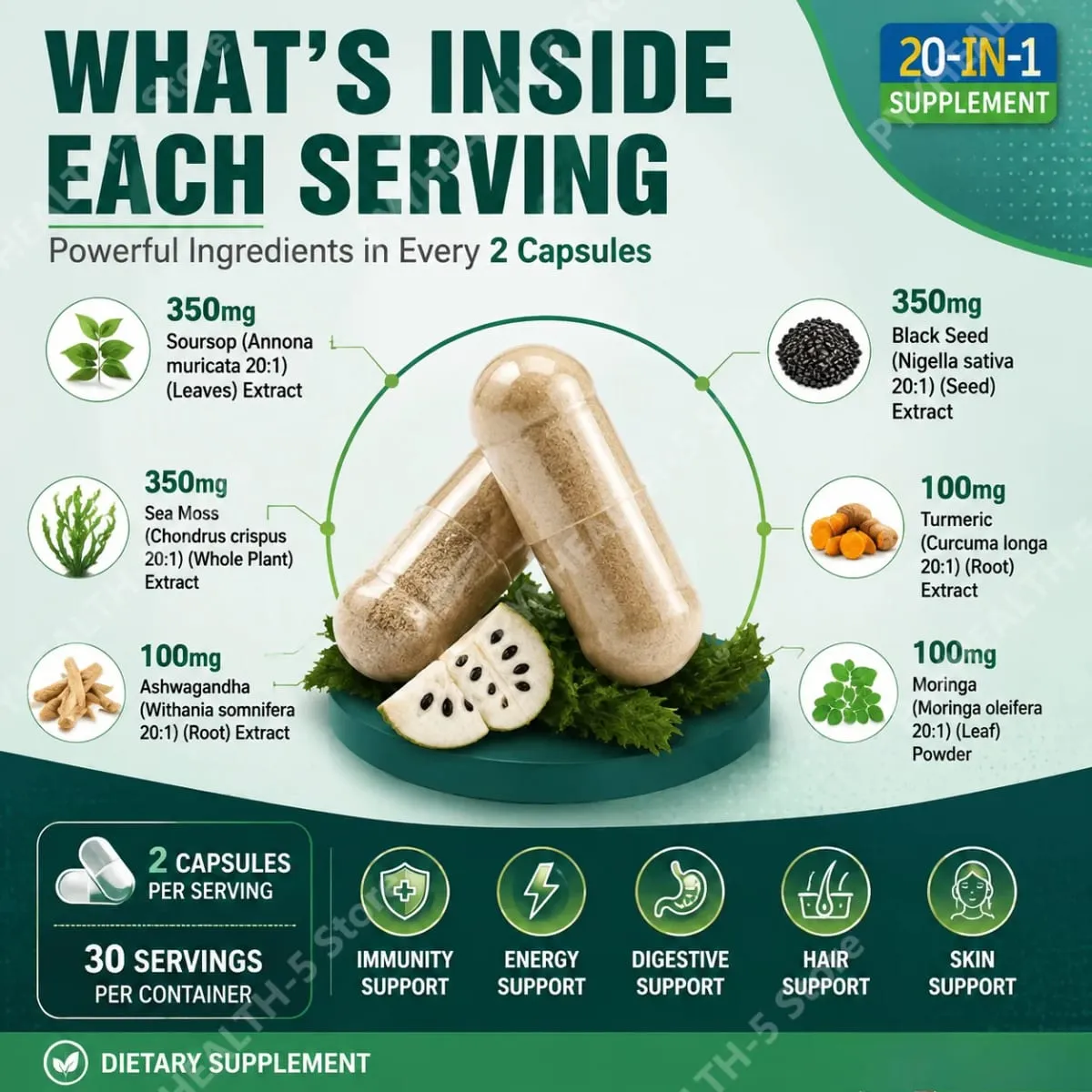 20‑IN‑1 Irish Sea Moss Capsules with Soursop Vitamin C & Vitamin D3 Immune Health & Digestive Support Plant‑Based 60 Capsules