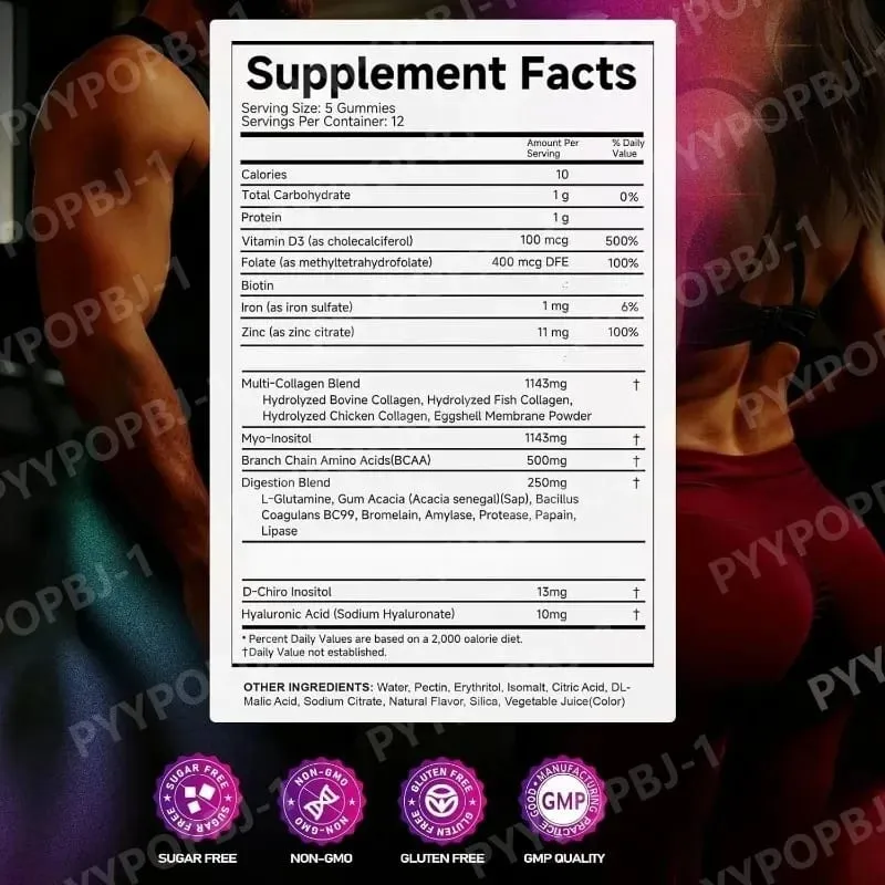 Creatine Monohydrate Gummies with Collagen BCAA and Vitamins Fitness Supplement Strawberry Flavor Daily Workout Support Sugar