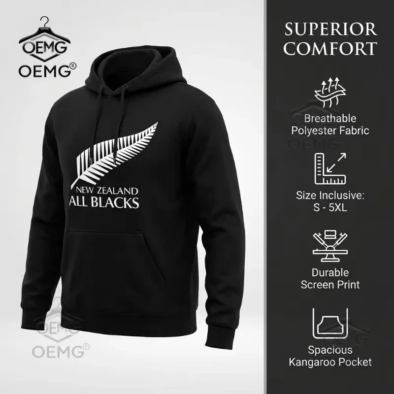 2026 Men's Oversized Polyester Hoodie with New Zealand All Blacks Feather Graphic Print Trendy Printed Large Size Sweatshirt