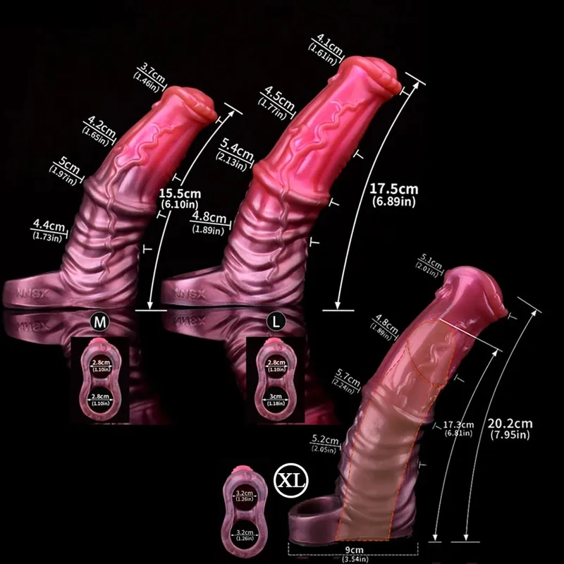 Malaking Horse Penis Sleeve Hollow Dildo Enlargement Sleeve Silicone Reusable Knot Condom Cock Ring Extender Sex Toys para sa Mga Lalaki