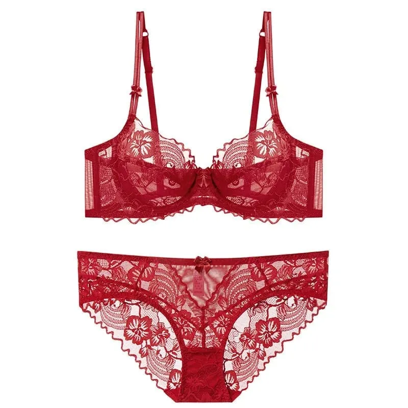 Chic French Ultra-thin Lace Lingerie Set Large Breasts See-through Underwire Bra small Bust Lift Elegant Soft Feminine Set S-xl