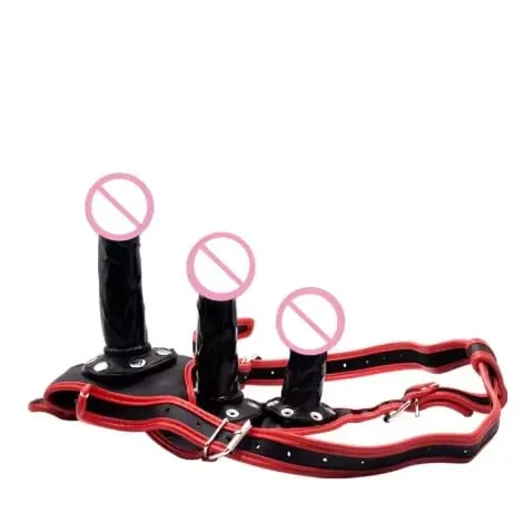 Three Headed Female Dildo Wearing Pants with Red Border Leather Detachable SM Pull-up Pants for Masturbation and Adult Sex Toys