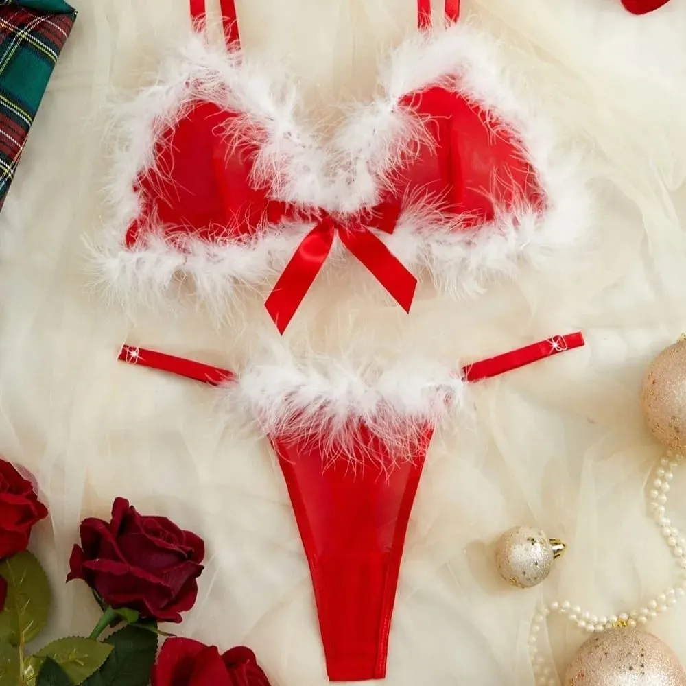 Furry Women's Underwear Wireless Bow Decor Lingerie Set Mesh Transparent Romantic Intimate Bra Panties Suit Valentine's Day
