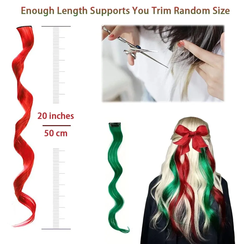 12-Piece Pack Women's 20-Inch Long Curly Clip-In Hair Extensions - Heat-Resistant Synthetic Fibers Red & Green Easy Application
