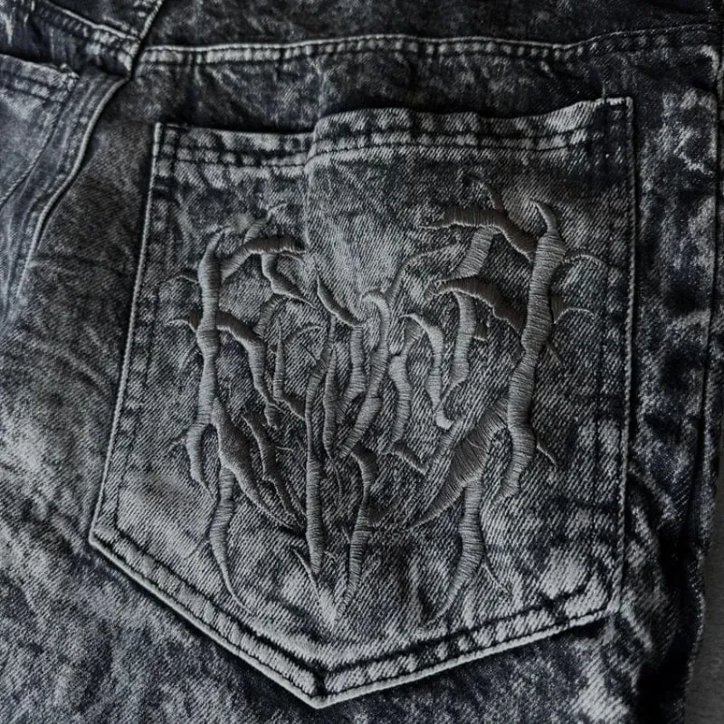 Men Y2K Gothic Spider Baggy Jeans Distressed Washed Raw Edge Wide Leg Denim Pants Hip Hop Streetwear Ghost Loose Trousers