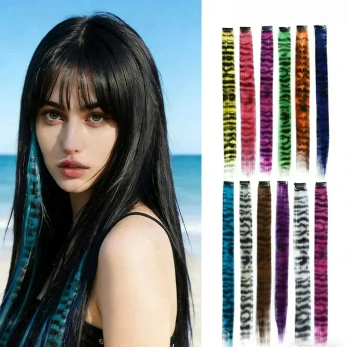 Stripe Printed Clip in Hair Extensions Colorful Synthetic Hair Highlights 18 Inches Straight Wig Hairpieces for Daily Use Party
